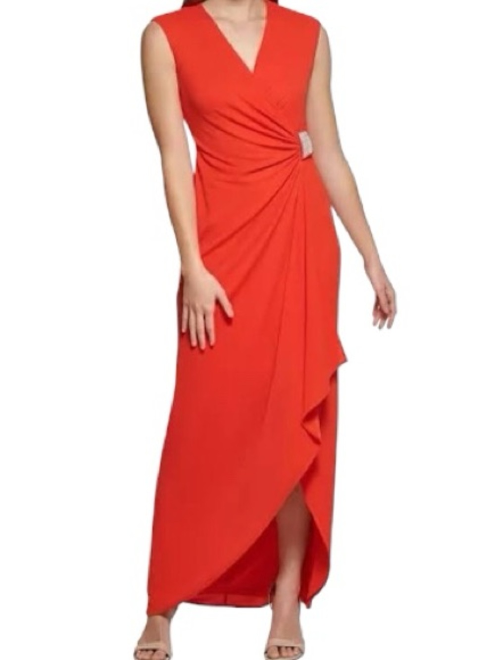 Calvin Klein Nwt Red Draped Maxi Gown with Sparkling Rhinestone gathered Waist